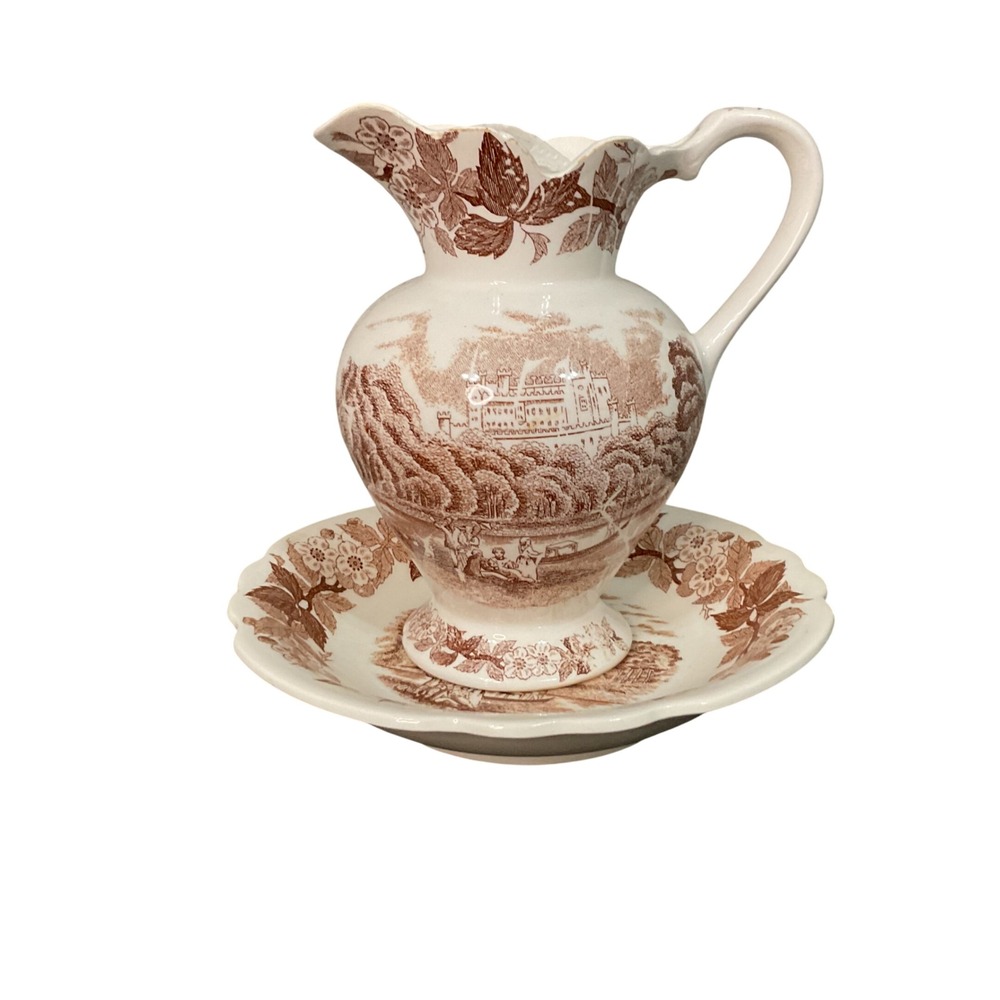 Norleans Pitcher Basin Set Vintage Brown Transferware Castle Scenic Excellent